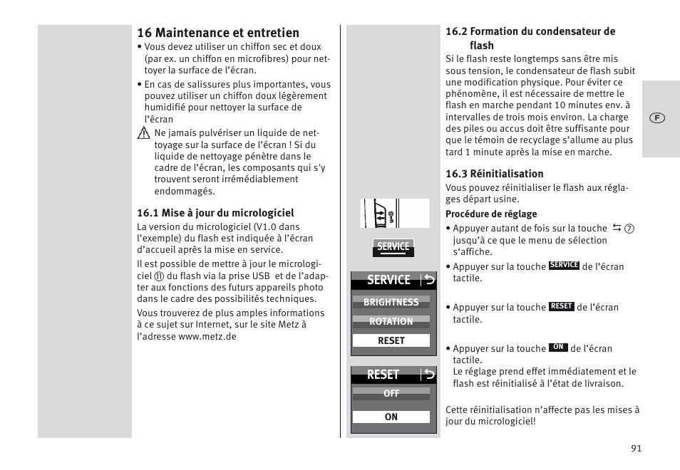 16 maintenance et entretien, Service o, Reset o | Metz MECABLITZ 64 AF-1 digital Olympus User Manual | Page 91 / 302