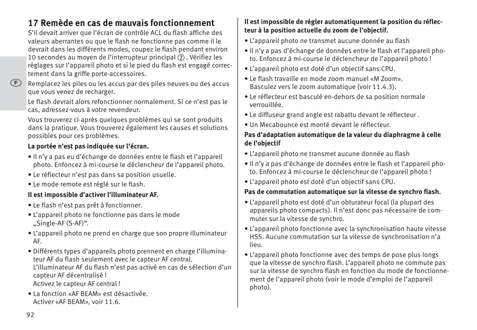 17 remède en cas de mauvais fonctionnement | Metz MECABLITZ 64 AF-1 digital Olympus User Manual | Page 92 / 302