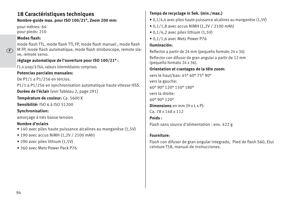 18 caractéristiques techniques | Metz MECABLITZ 64 AF-1 digital Olympus User Manual | Page 94 / 302