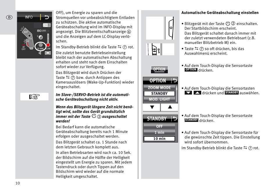 Option o, Standby o | Metz MECABLITZ 64 AF-1 digital Sony User Manual | Page 10 / 326