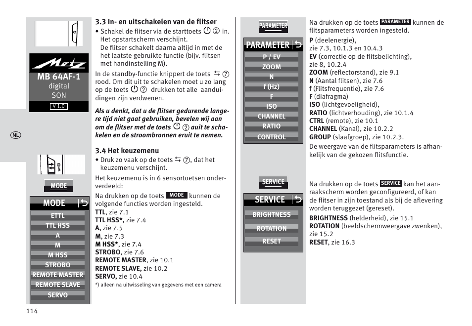 Mb 64af-1, Parameter o, Mode o | Service o | Metz MECABLITZ 64 AF-1 digital Sony User Manual | Page 114 / 326