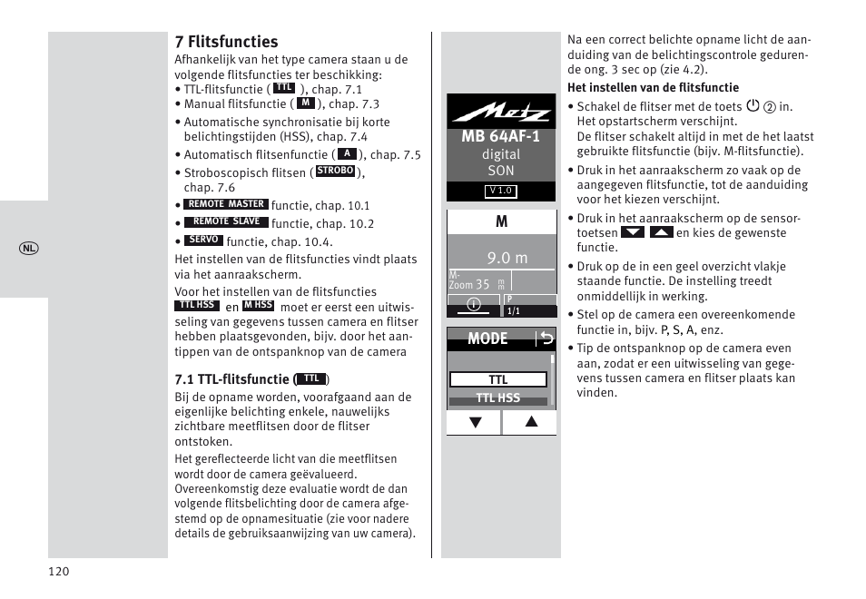 7 flitsfuncties, Mb 64af-1, Mode o | Metz MECABLITZ 64 AF-1 digital Sony User Manual | Page 120 / 326