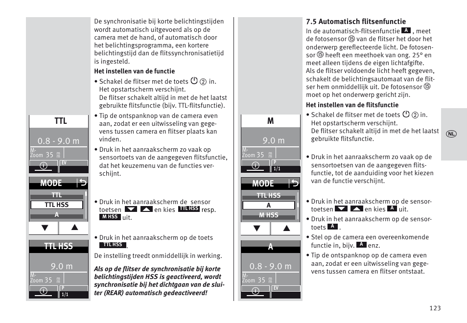 Mode o, 8 - 9.0 m, Ttl hss | Metz MECABLITZ 64 AF-1 digital Sony User Manual | Page 123 / 326