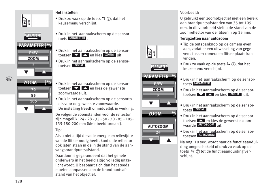Parameter o, Zoom o, Zoom | Metz MECABLITZ 64 AF-1 digital Sony User Manual | Page 128 / 326