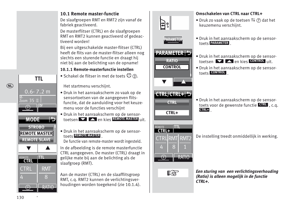 7.2 m, Mode o, Ctrl rmt 4 8 | Ratio ctrl rmt rmt2 4 8 1, Ratio, Parameter o, Ctrl/ctrl+ o | Metz MECABLITZ 64 AF-1 digital Sony User Manual | Page 130 / 326