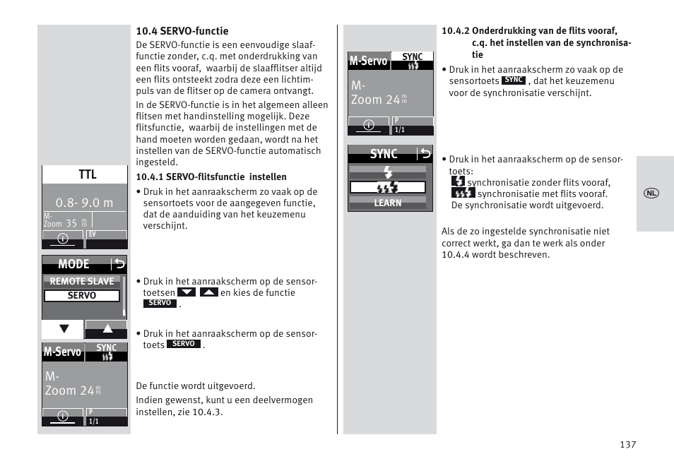 9.0 m, Mode o, M- zoom 24 m-servo | Sync o | Metz MECABLITZ 64 AF-1 digital Sony User Manual | Page 137 / 326