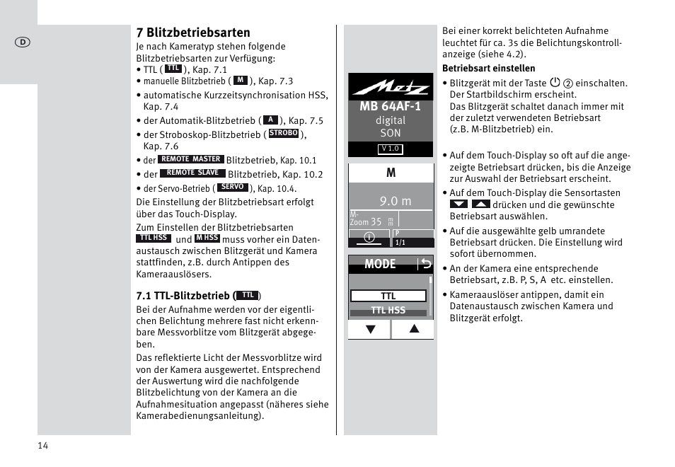 7 blitzbetriebsarten, Mb 64af-1, Mode o | Metz MECABLITZ 64 AF-1 digital Sony User Manual | Page 14 / 326