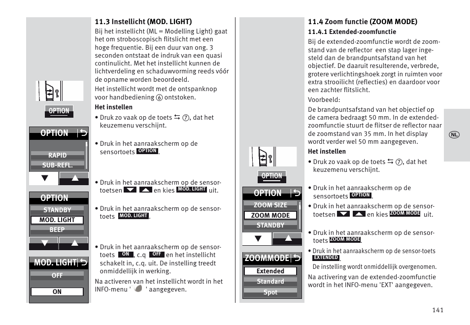 Mod. light o, Option o, Option | Zoommode o | Metz MECABLITZ 64 AF-1 digital Sony User Manual | Page 141 / 326