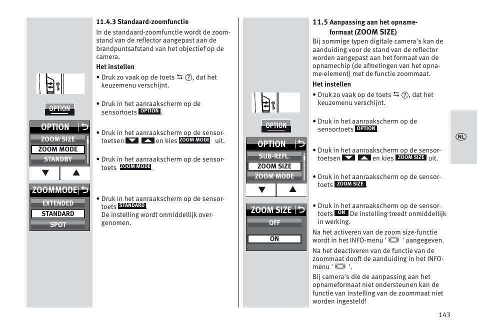 Option o, Zoom size o, Zoommode o | Metz MECABLITZ 64 AF-1 digital Sony User Manual | Page 143 / 326
