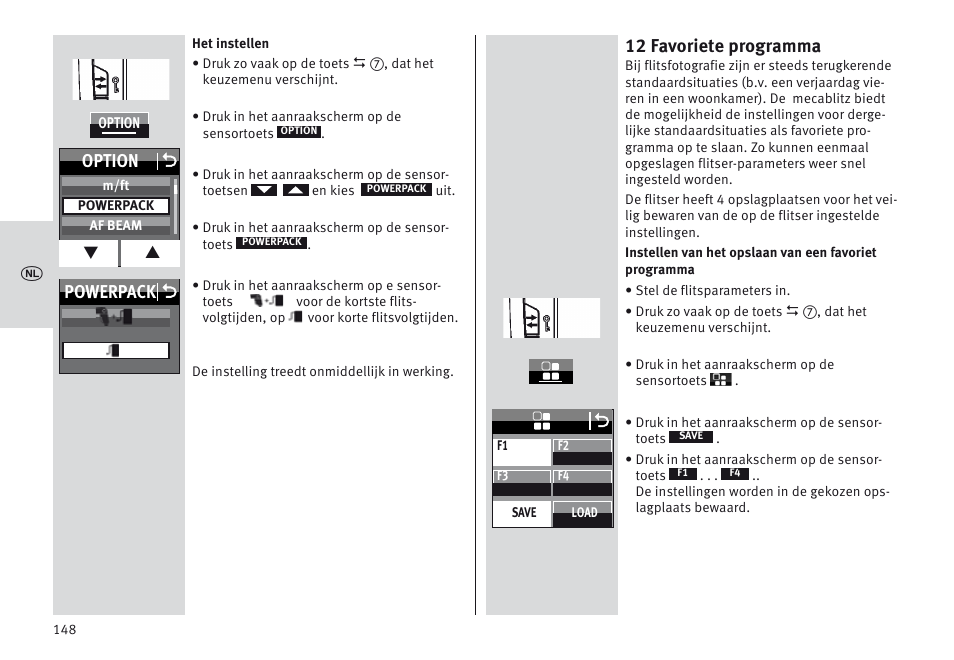 12 favoriete programma, Powerpack o option o | Metz MECABLITZ 64 AF-1 digital Sony User Manual | Page 148 / 326