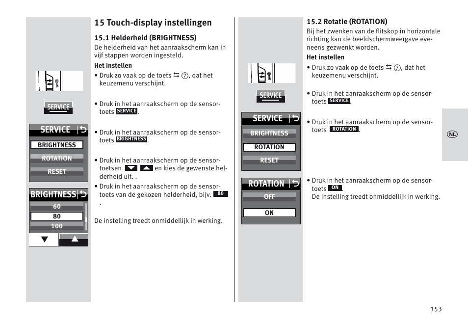 15 touch-display instellingen, Service o, Brightness o | Rotation o | Metz MECABLITZ 64 AF-1 digital Sony User Manual | Page 153 / 326