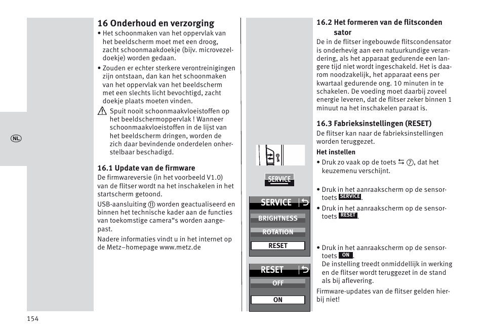 16 onderhoud en verzorging, Service o, Reset o | Metz MECABLITZ 64 AF-1 digital Sony User Manual | Page 154 / 326