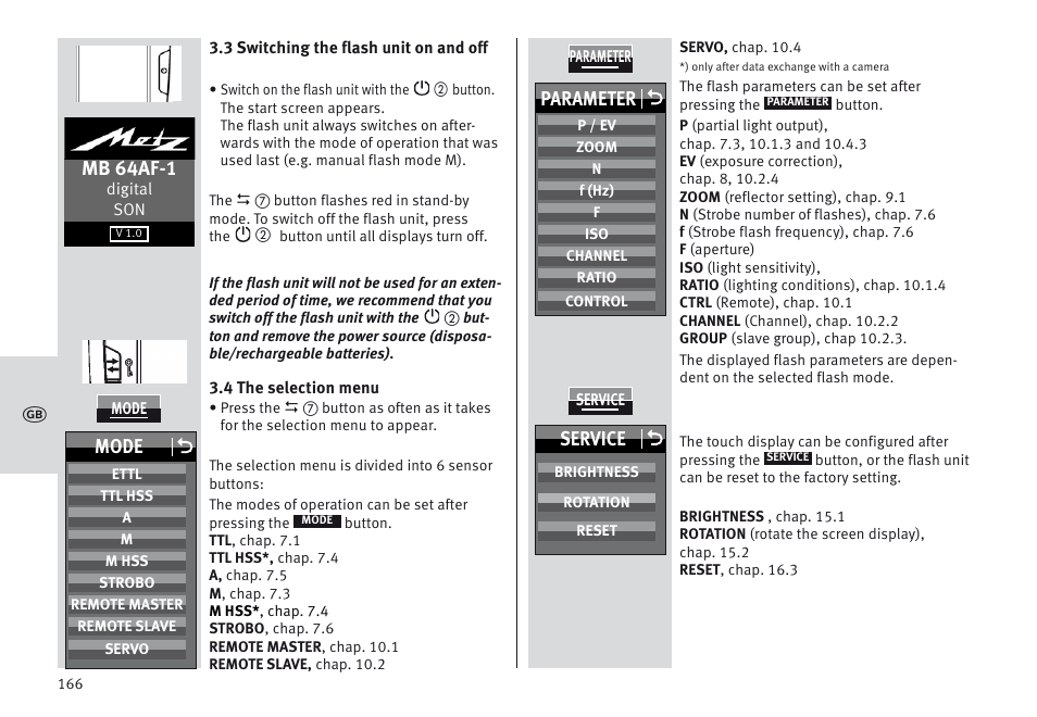 Mb 64af-1, Parameter o, Mode o | Service o | Metz MECABLITZ 64 AF-1 digital Sony User Manual | Page 166 / 326