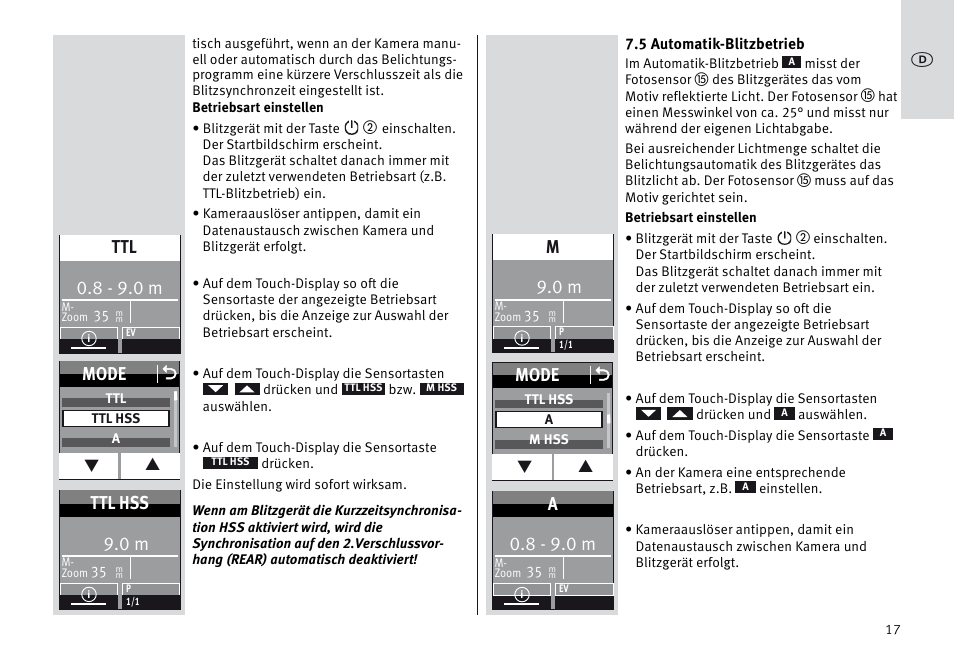 Mode o, 8 - 9.0 m, Ttl hss | Metz MECABLITZ 64 AF-1 digital Sony User Manual | Page 17 / 326