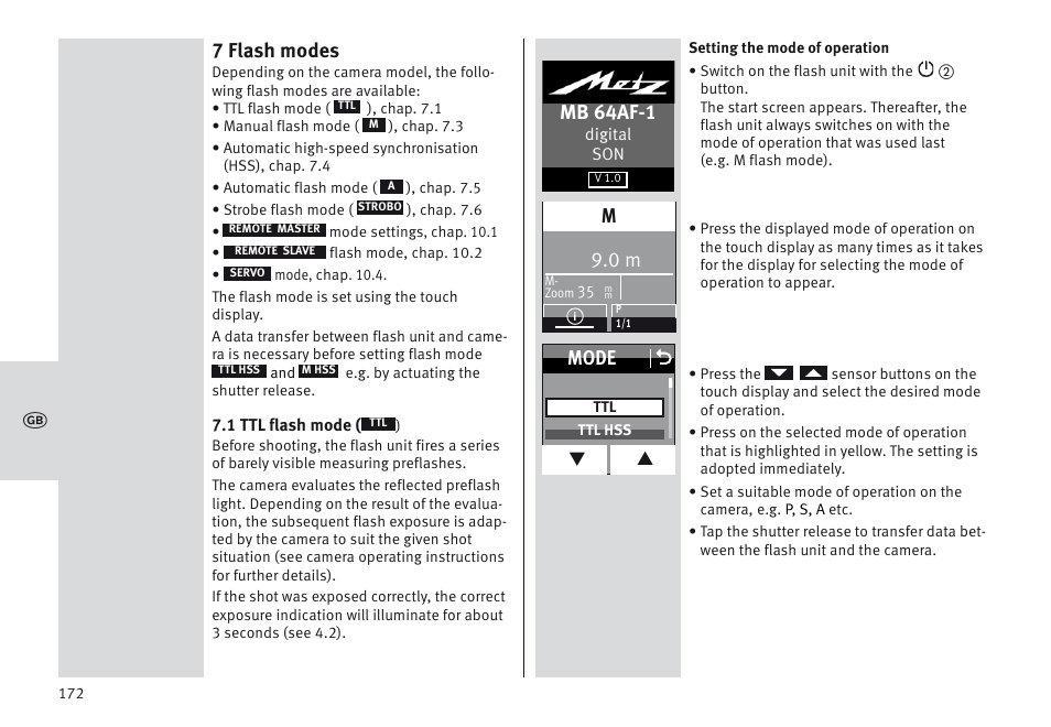 7 flash modes, Mb 64af-1, Mode o | Metz MECABLITZ 64 AF-1 digital Sony User Manual | Page 172 / 326