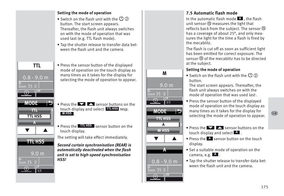 Mode o, 8 - 9.0 m, Ttl hss | Metz MECABLITZ 64 AF-1 digital Sony User Manual | Page 175 / 326