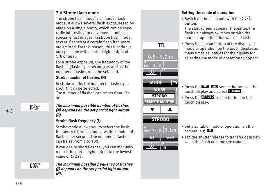 8 - 9.0 m, Mode o, Strobo | Metz MECABLITZ 64 AF-1 digital Sony User Manual | Page 176 / 326