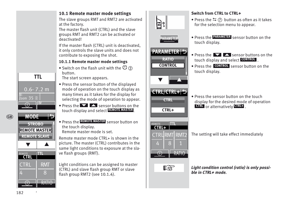 7.2 m, Mode o, Ctrl rmt 4 8 | Ratio ctrl rmt rmt2 4 8 1, Ratio, Parameter o, Ctrl/ctrl+ o | Metz MECABLITZ 64 AF-1 digital Sony User Manual | Page 182 / 326