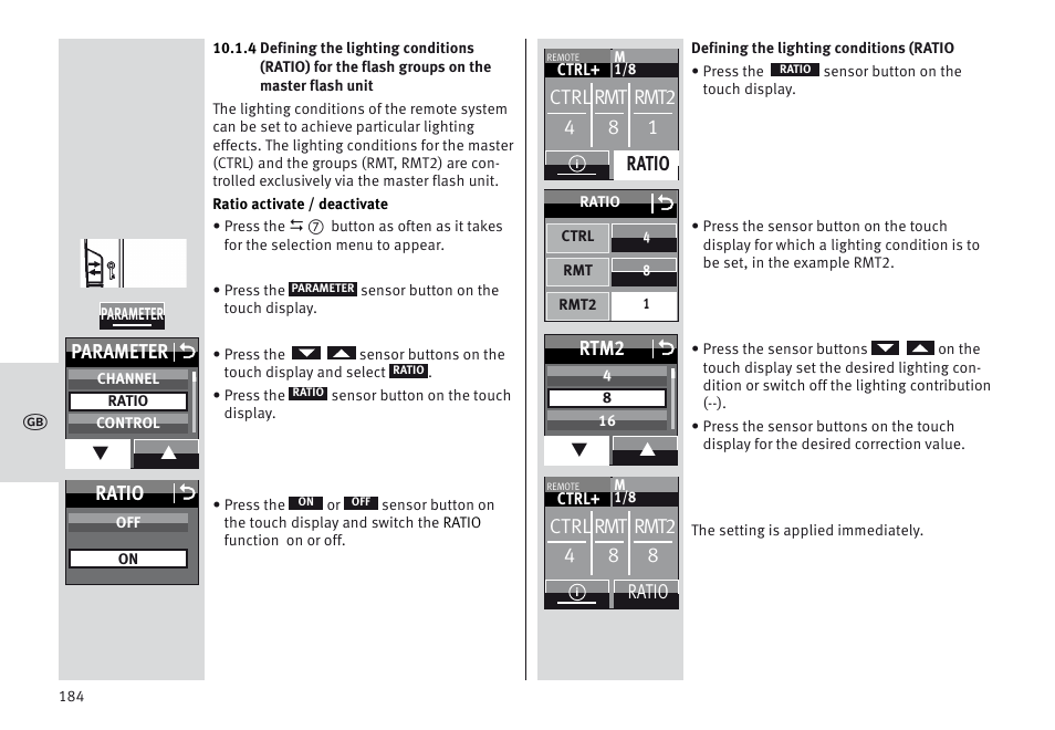 Ctrl rmt rmt2 4 8 1, Ratio, Parameter o | Rtm2 o, Ratio o, Ctrl rmt rmt2 4 8 8 | Metz MECABLITZ 64 AF-1 digital Sony User Manual | Page 184 / 326