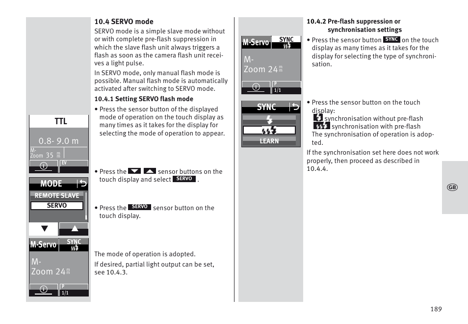 9.0 m, Mode o, M- zoom 24 m-servo | Sync o | Metz MECABLITZ 64 AF-1 digital Sony User Manual | Page 189 / 326