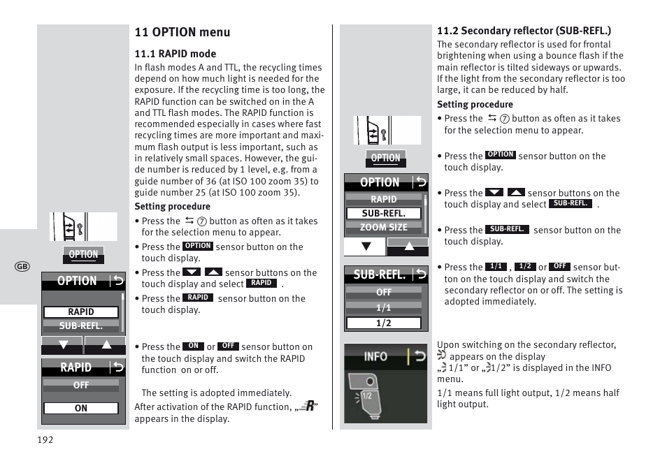 11 option menu, Sub-refl. o, Option o | Rapid o | Metz MECABLITZ 64 AF-1 digital Sony User Manual | Page 192 / 326