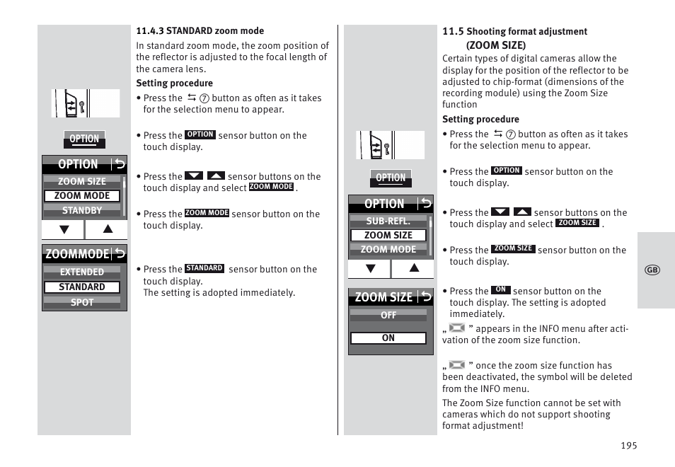 Option o, Zoom size o, Zoommode o | Metz MECABLITZ 64 AF-1 digital Sony User Manual | Page 195 / 326