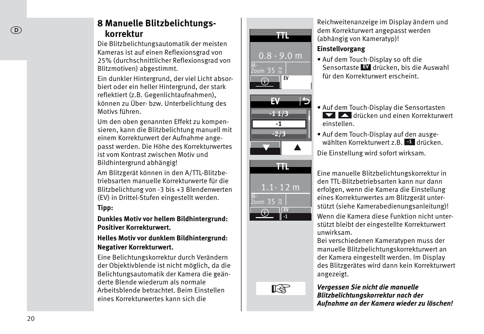 8 manuelle blitzbelichtungs- korrektur, 8 - 9.0 m, Ev o | 12 m | Metz MECABLITZ 64 AF-1 digital Sony User Manual | Page 20 / 326