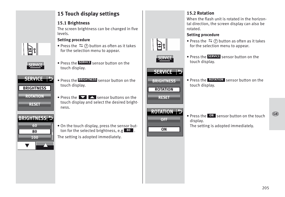 15 touch display settings, Service o, Brightness o | Rotation o | Metz MECABLITZ 64 AF-1 digital Sony User Manual | Page 205 / 326