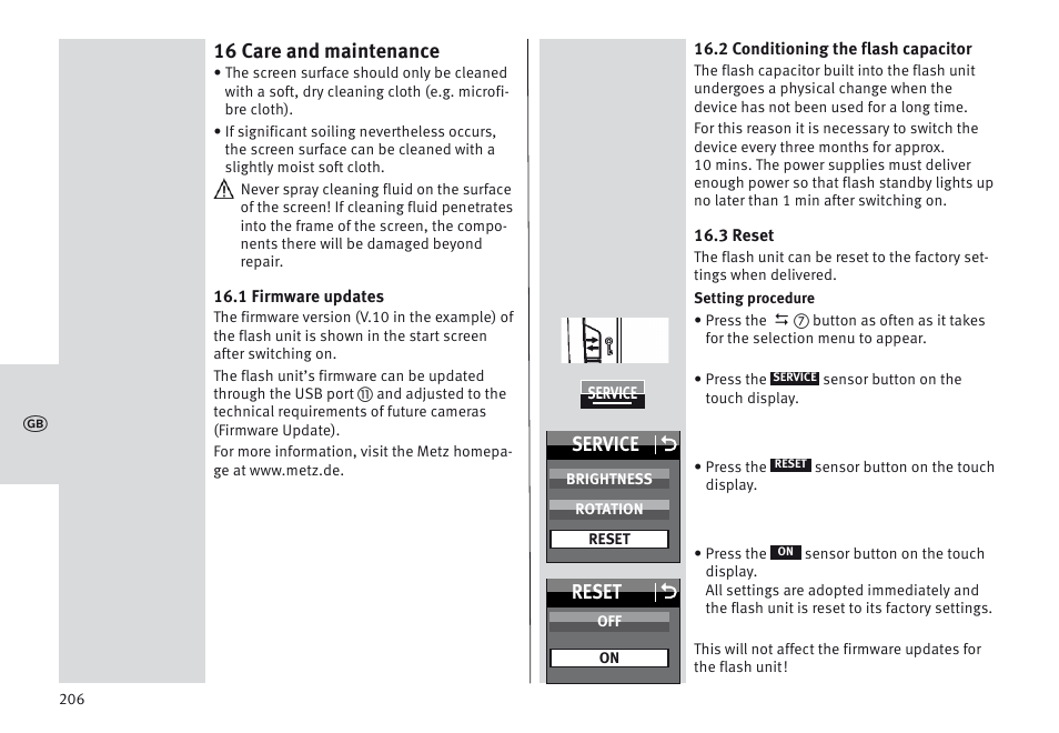 16 care and maintenance, Service o, Reset o | Metz MECABLITZ 64 AF-1 digital Sony User Manual | Page 206 / 326