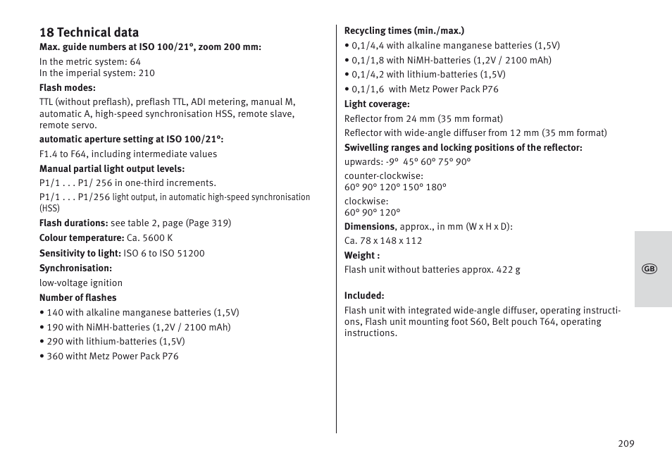 18 technical data | Metz MECABLITZ 64 AF-1 digital Sony User Manual | Page 209 / 326