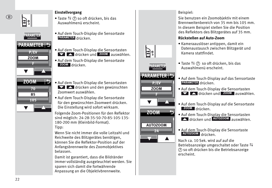 Parameter o, Zoom o, Zoom | Metz MECABLITZ 64 AF-1 digital Sony User Manual | Page 22 / 326