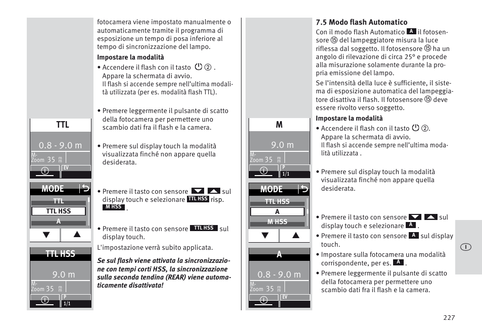 Mode o, 8 - 9.0 m, Ttl hss | Metz MECABLITZ 64 AF-1 digital Sony User Manual | Page 227 / 326