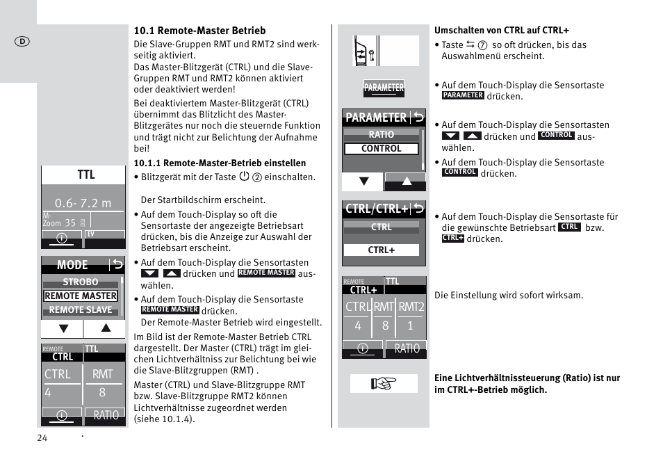 7.2 m, Mode o, Ctrl rmt 4 8 | Ratio ctrl rmt rmt2 4 8 1, Ratio, Parameter o, Ctrl/ctrl+ o | Metz MECABLITZ 64 AF-1 digital Sony User Manual | Page 24 / 326