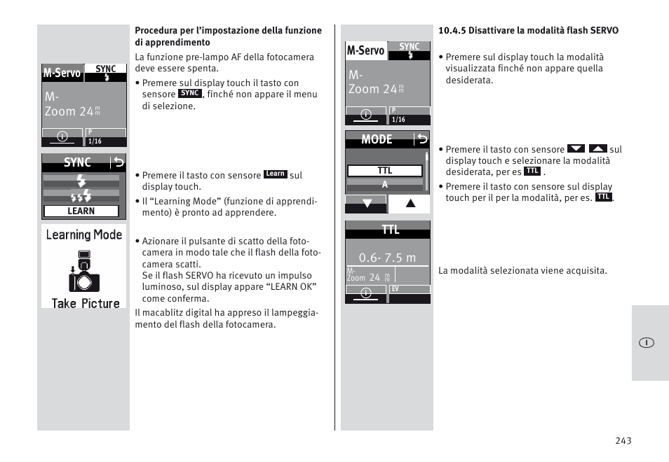 M- zoom 24 m-servo, Sync o, Mode o | 7.5 m | Metz MECABLITZ 64 AF-1 digital Sony User Manual | Page 243 / 326