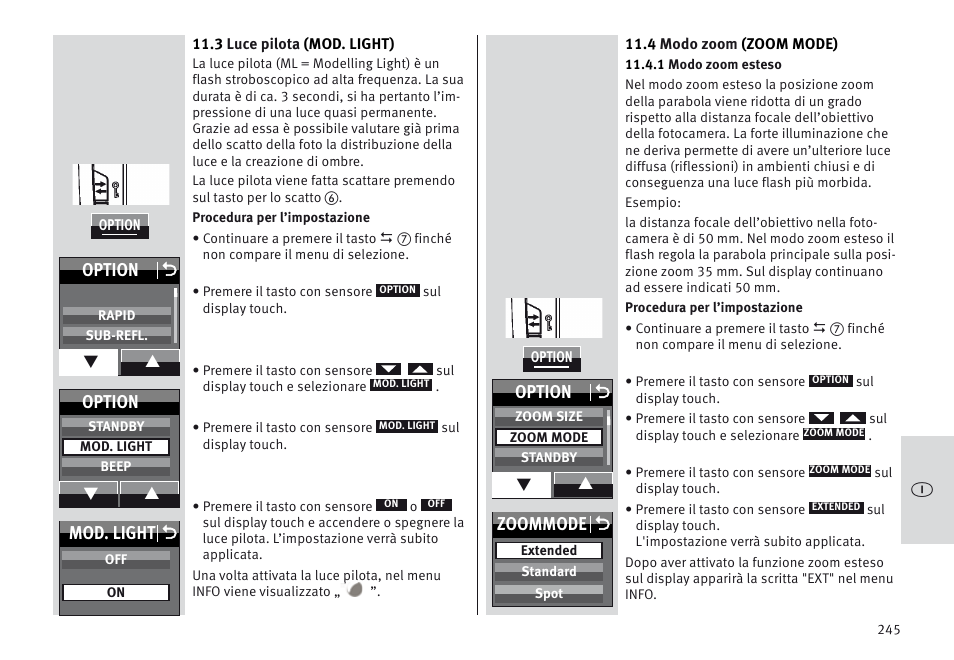Mod. light o, Option o, Option | Zoommode o | Metz MECABLITZ 64 AF-1 digital Sony User Manual | Page 245 / 326
