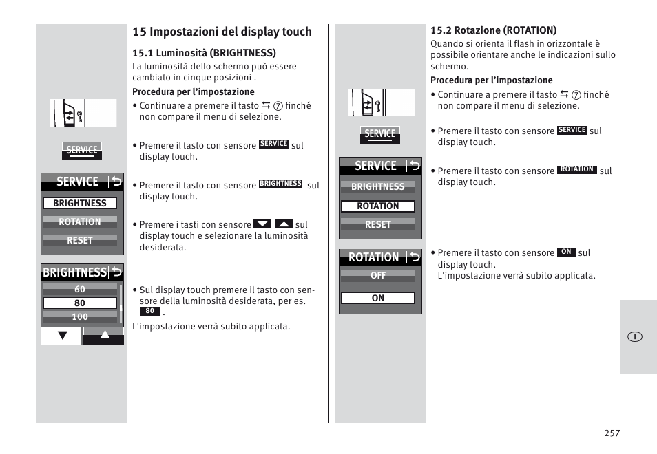 15 impostazioni del display touch, Service o, Brightness o | Rotation o | Metz MECABLITZ 64 AF-1 digital Sony User Manual | Page 257 / 326