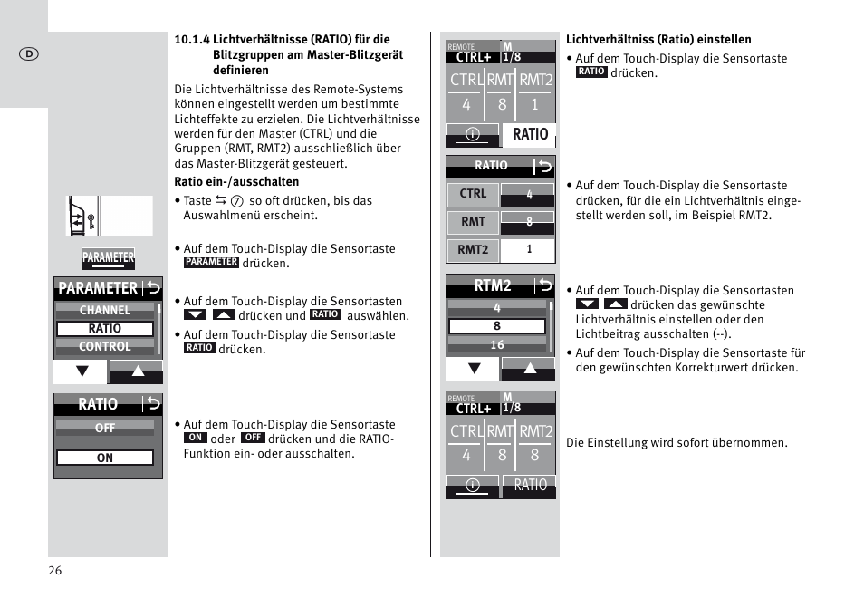 Ctrl rmt rmt2 4 8 1, Ratio, Parameter o | Rtm2 o, Ratio o, Ctrl rmt rmt2 4 8 8 | Metz MECABLITZ 64 AF-1 digital Sony User Manual | Page 26 / 326