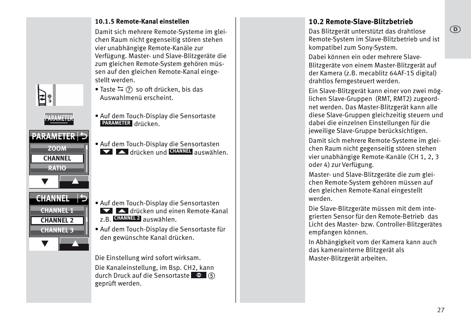 Parameter o, Channel o | Metz MECABLITZ 64 AF-1 digital Sony User Manual | Page 27 / 326