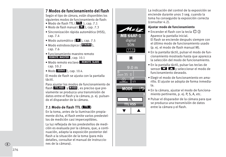 7 modos de funcionamiento del flash, Mb 64af-1, Mode o | Metz MECABLITZ 64 AF-1 digital Sony User Manual | Page 276 / 326