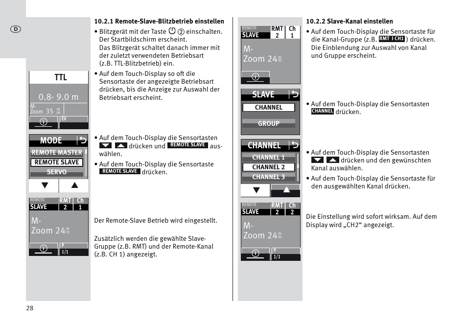 9.0 m, Mode o, M- zoom 24 | Slave o, Channel o | Metz MECABLITZ 64 AF-1 digital Sony User Manual | Page 28 / 326