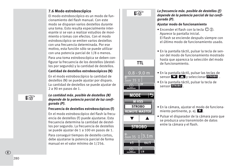 8 - 9.0 m, Mode o, Strobo | Metz MECABLITZ 64 AF-1 digital Sony User Manual | Page 280 / 326