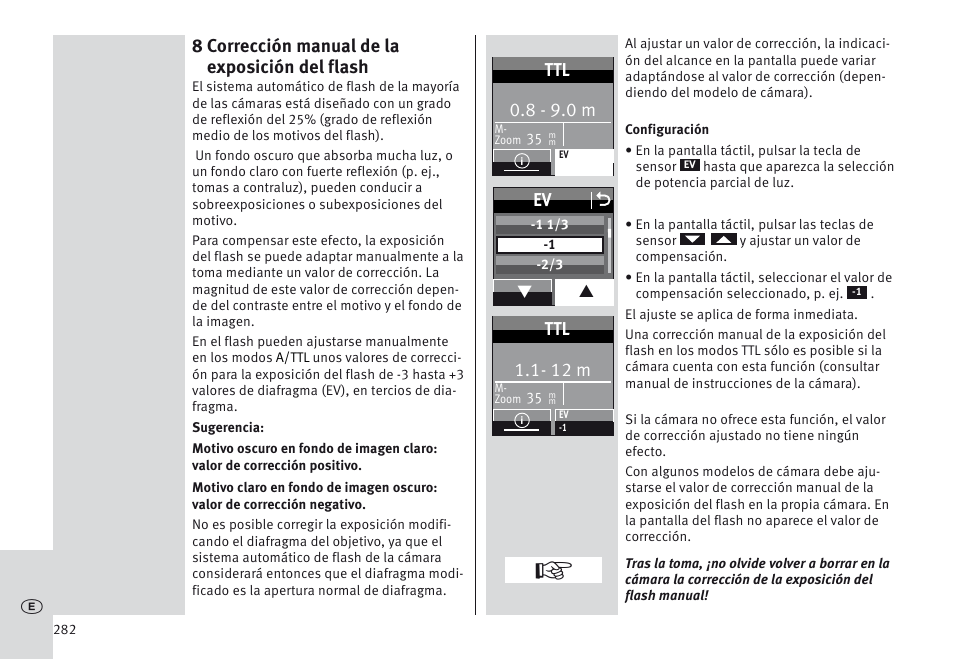 8 corrección manual de la exposición del flash, 8 - 9.0 m, Ev o | 12 m | Metz MECABLITZ 64 AF-1 digital Sony User Manual | Page 282 / 326