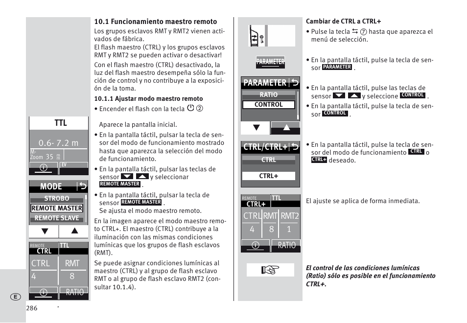 7.2 m, Mode o, Ctrl rmt 4 8 | Ratio ctrl rmt rmt2 4 8 1, Ratio, Parameter o, Ctrl/ctrl+ o | Metz MECABLITZ 64 AF-1 digital Sony User Manual | Page 286 / 326