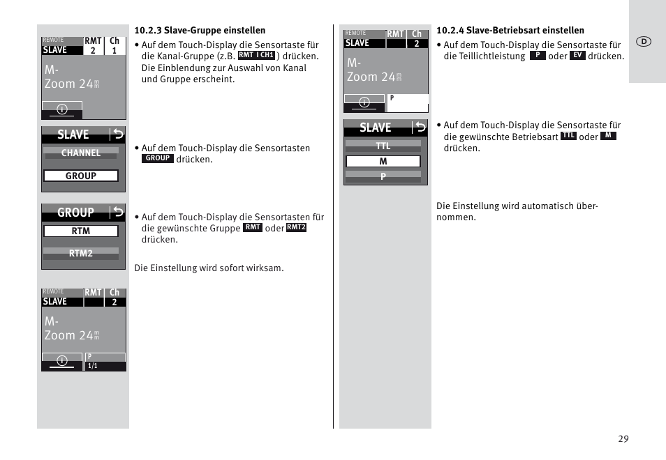 M- zoom 24, Slave o, Group o | Metz MECABLITZ 64 AF-1 digital Sony User Manual | Page 29 / 326