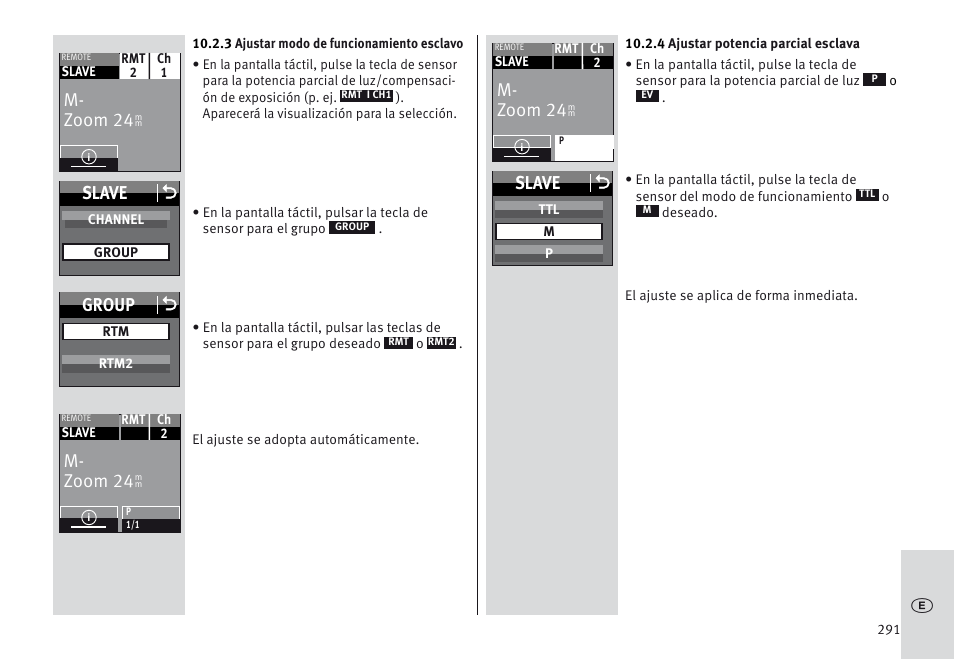 M- zoom 24, Slave o, Group o | Metz MECABLITZ 64 AF-1 digital Sony User Manual | Page 291 / 326