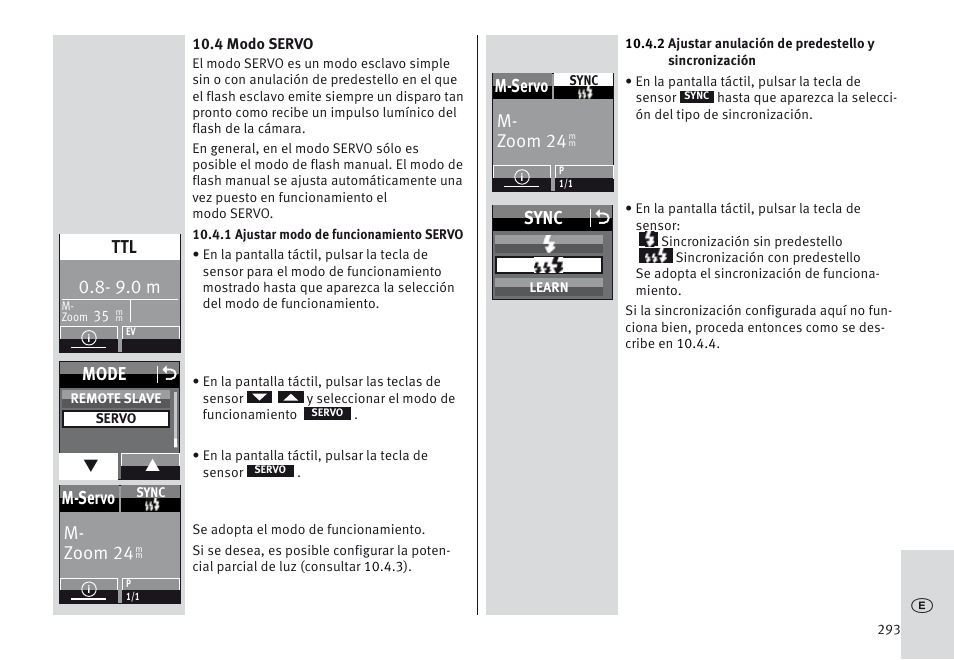 9.0 m, Mode o, M- zoom 24 m-servo | Sync o | Metz MECABLITZ 64 AF-1 digital Sony User Manual | Page 293 / 326
