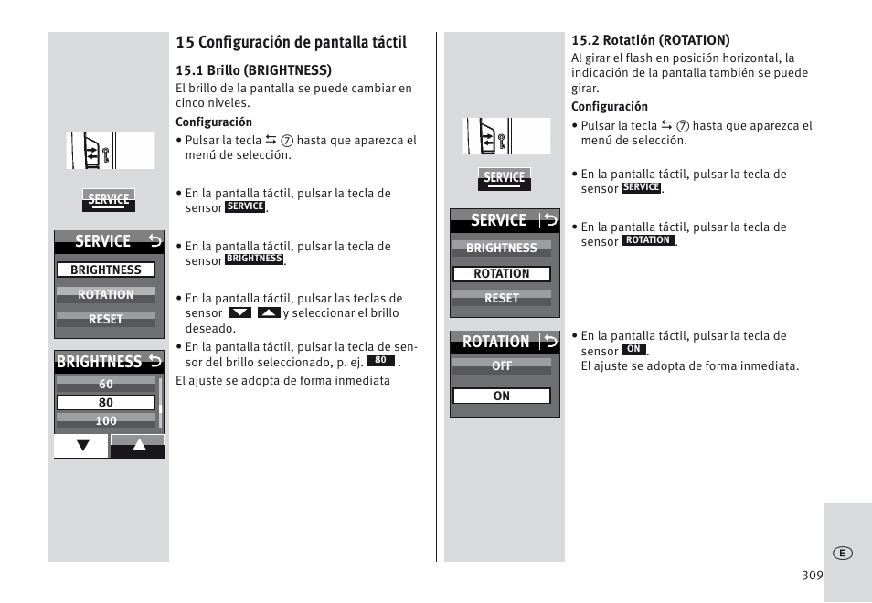 15 configuración de pantalla táctil, Service o, Brightness o | Rotation o | Metz MECABLITZ 64 AF-1 digital Sony User Manual | Page 309 / 326