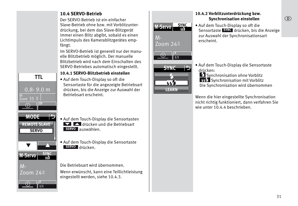 9.0 m, Mode o, M- zoom 24 m-servo | Sync o | Metz MECABLITZ 64 AF-1 digital Sony User Manual | Page 31 / 326