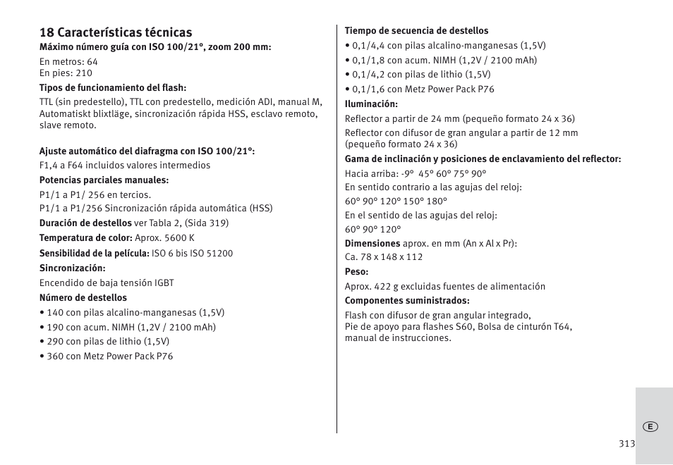 18 características técnicas | Metz MECABLITZ 64 AF-1 digital Sony User Manual | Page 313 / 326