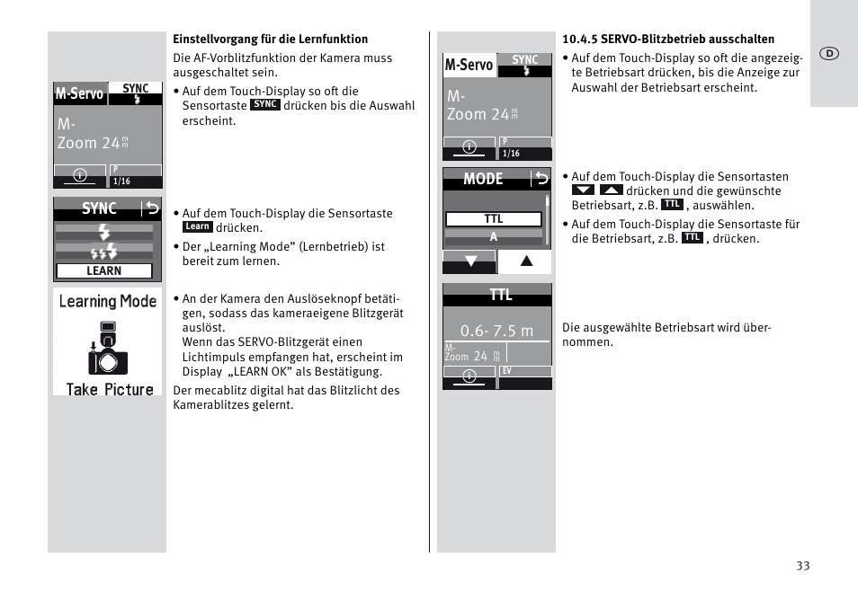 M- zoom 24 m-servo, Sync o, Mode o | 7.5 m | Metz MECABLITZ 64 AF-1 digital Sony User Manual | Page 33 / 326